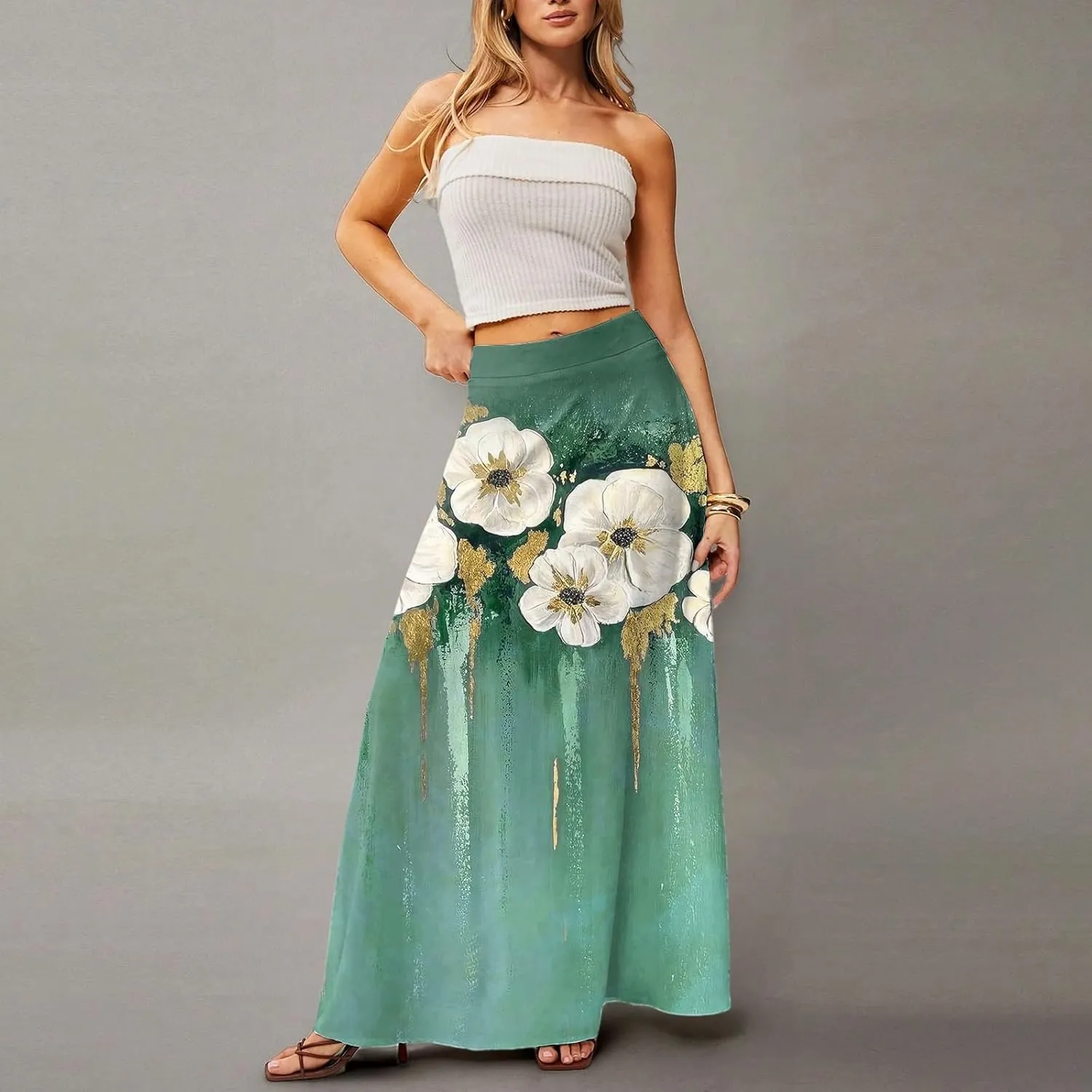 2025 Summer Flowy Long Maxi Skirts for Women Boho Floral High Waisted Casual Pleated Beach A Line Skirt with Pocket