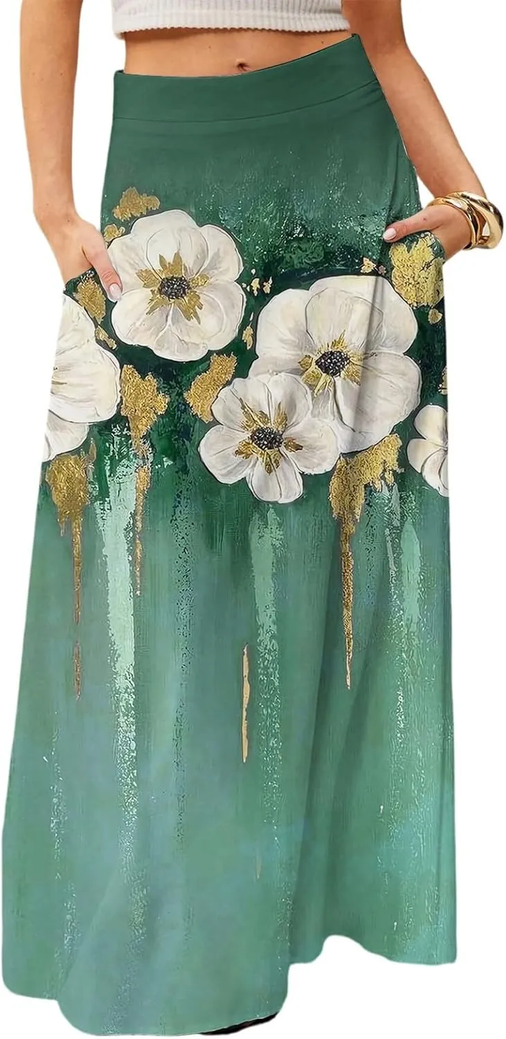 2025 Summer Flowy Long Maxi Skirts for Women Boho Floral High Waisted Casual Pleated Beach A Line Skirt with Pocket