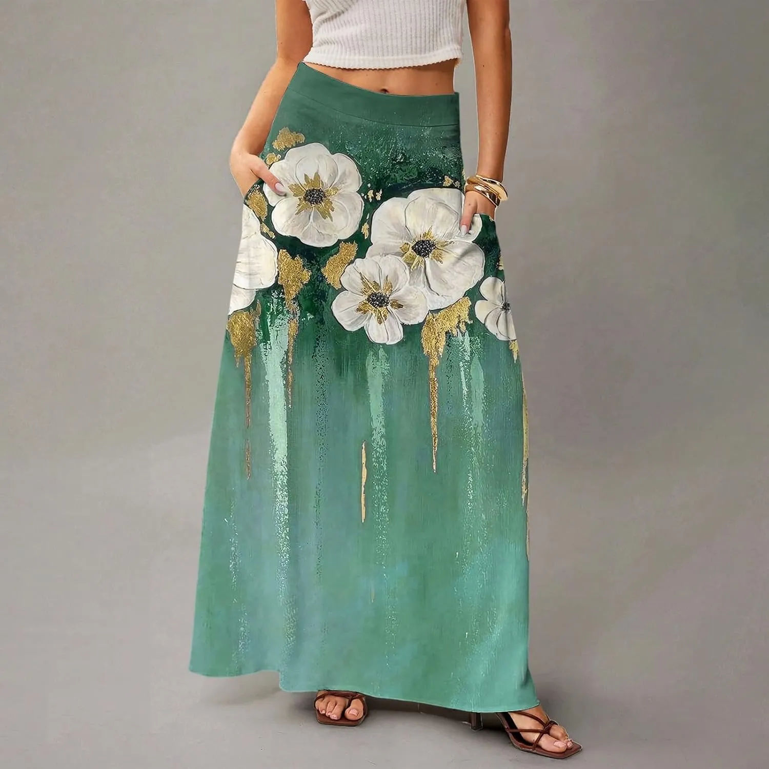 2025 Summer Flowy Long Maxi Skirts for Women Boho Floral High Waisted Casual Pleated Beach A Line Skirt with Pocket
