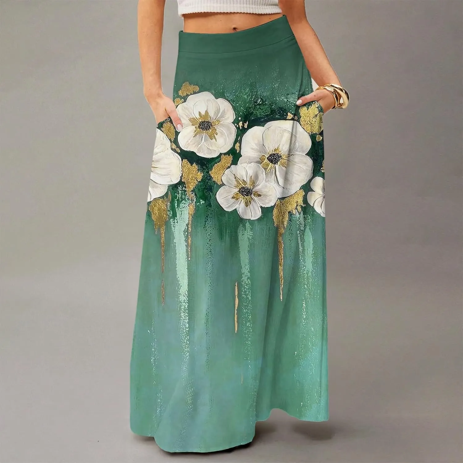 2025 Summer Flowy Long Maxi Skirts for Women Boho Floral High Waisted Casual Pleated Beach A Line Skirt with Pocket