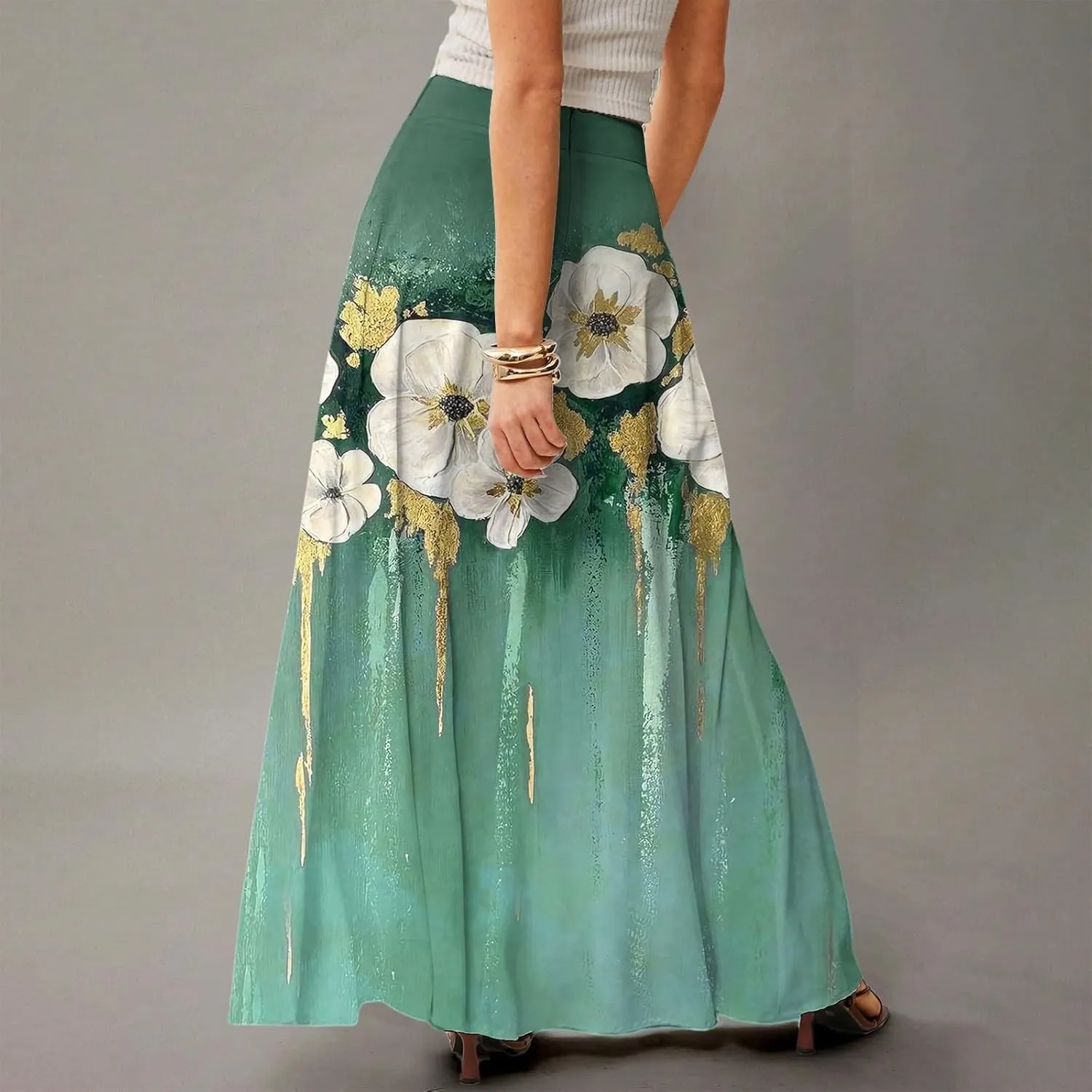 2025 Summer Flowy Long Maxi Skirts for Women Boho Floral High Waisted Casual Pleated Beach A Line Skirt with Pocket