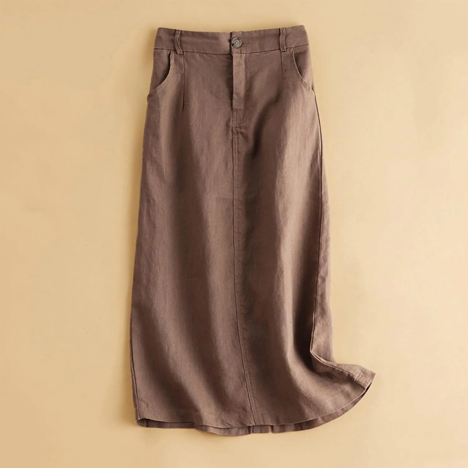 Dressy Cotton Linen Pencil Skirt Women Summer Business High Waist Midi Skirt Slim Fit Office Work Skirt with Pockets