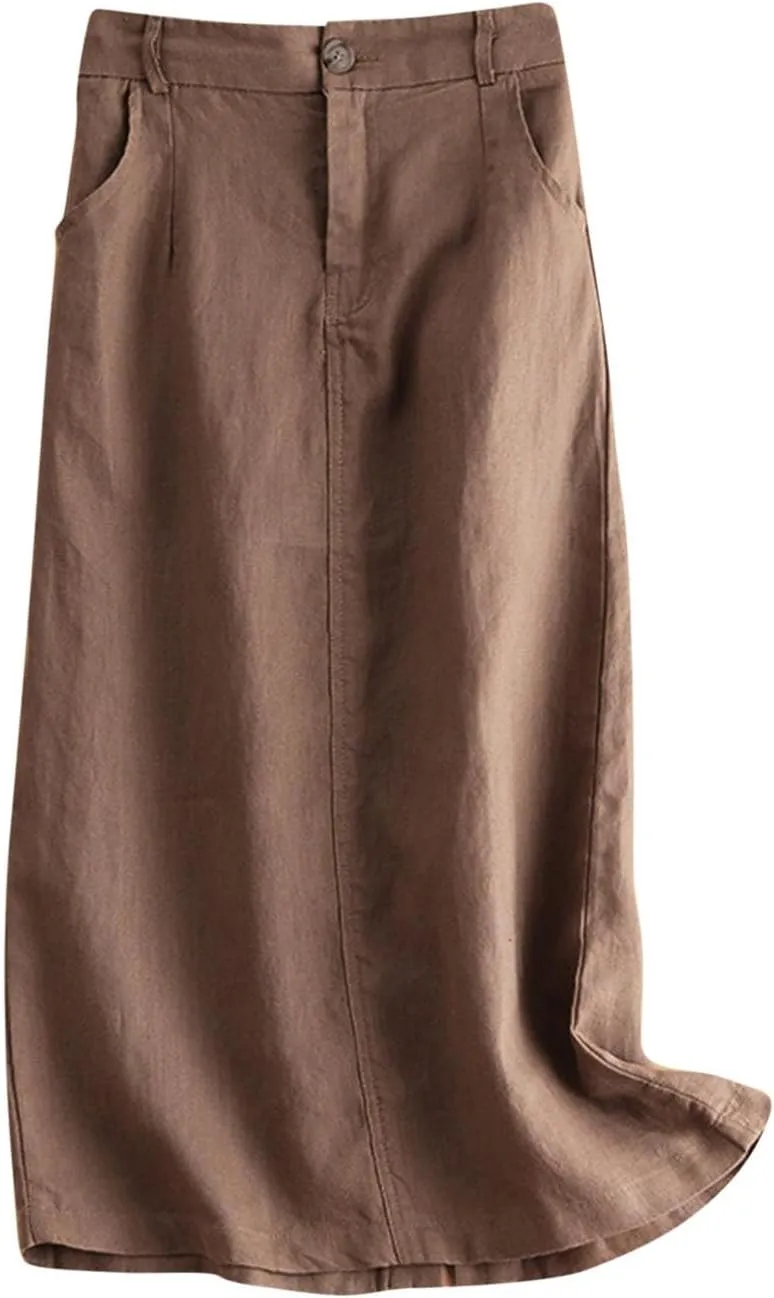 Dressy Cotton Linen Pencil Skirt Women Summer Business High Waist Midi Skirt Slim Fit Office Work Skirt with Pockets