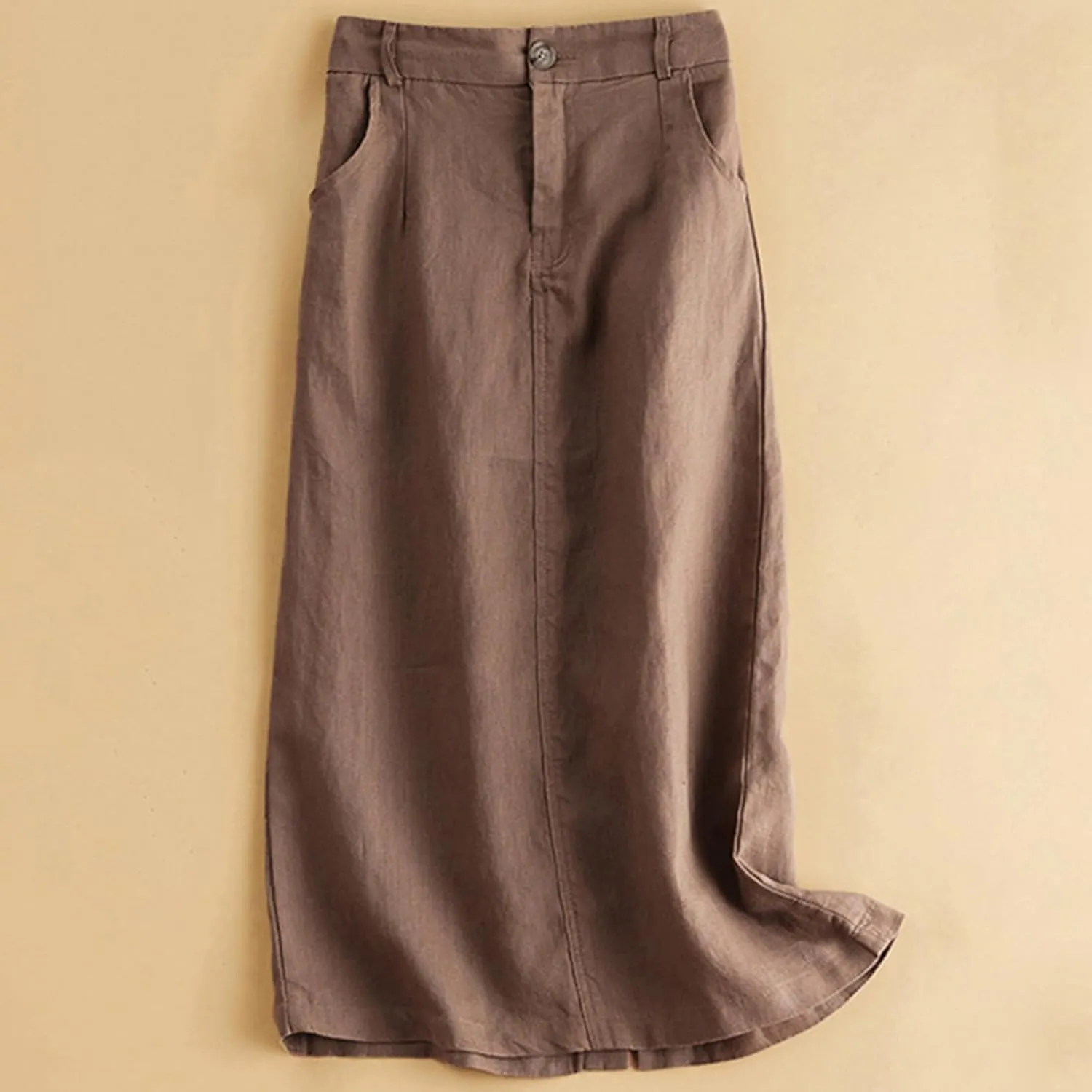 Dressy Cotton Linen Pencil Skirt Women Summer Business High Waist Midi Skirt Slim Fit Office Work Skirt with Pockets