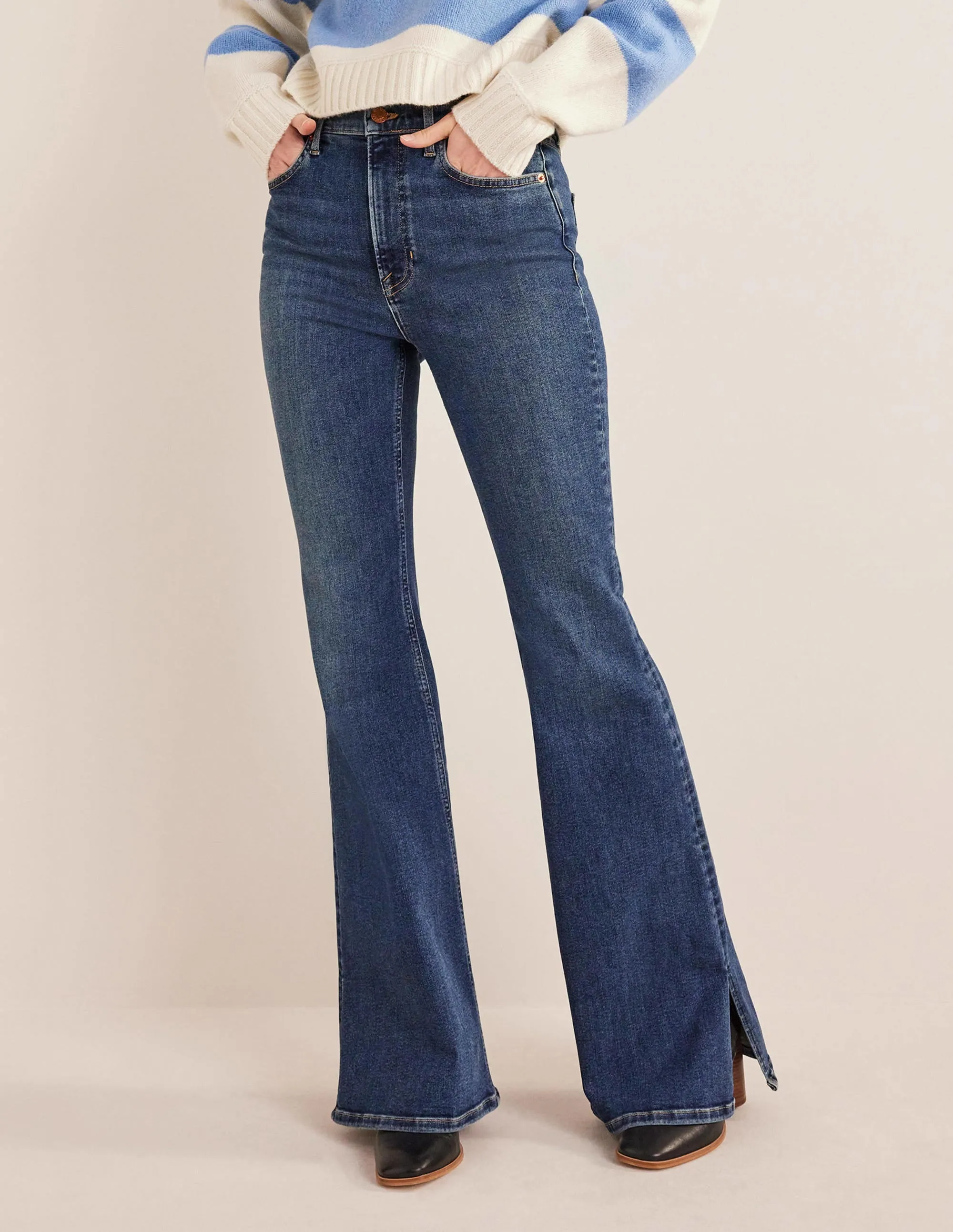 High Rise Split Flare Jeans-Indigo
