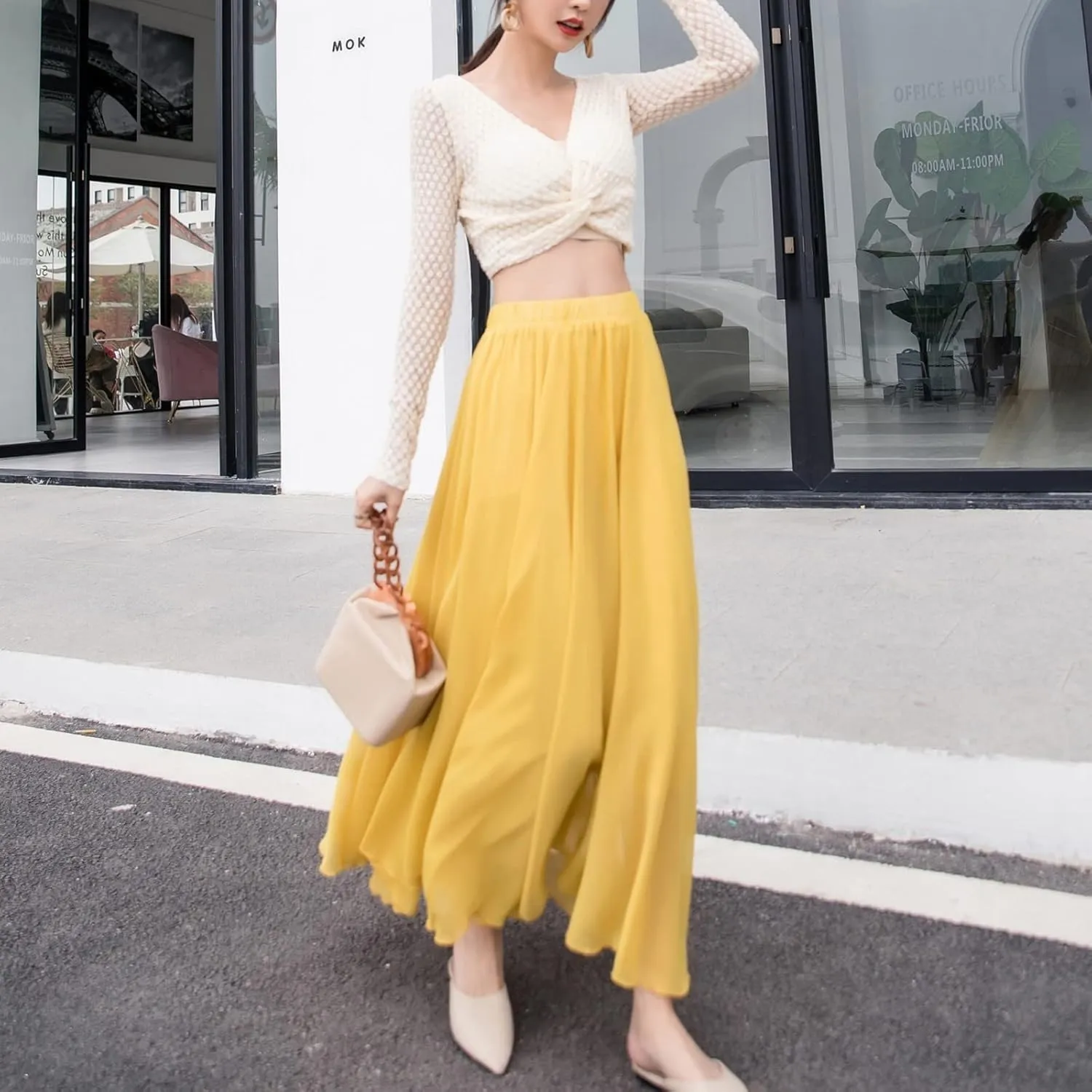Maxi Skirt Summer Women's Solid Color Chiffon Skirt Women's High Waist Long Skirt Casual Flowy Maxi Skirt