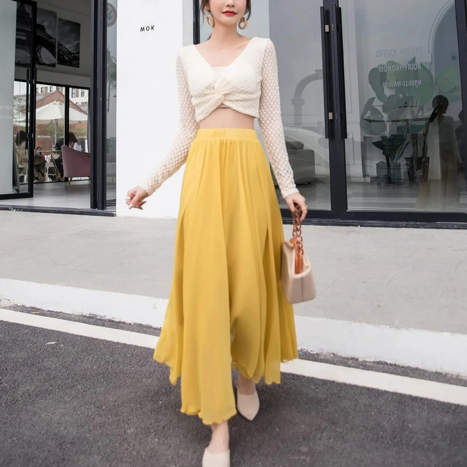 Maxi Skirt Summer Women's Solid Color Chiffon Skirt Women's High Waist Long Skirt Casual Flowy Maxi Skirt