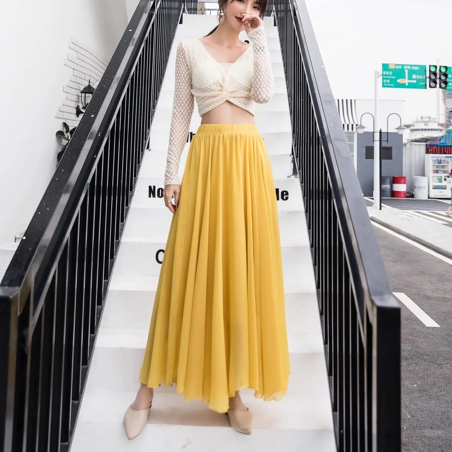 Maxi Skirt Summer Women's Solid Color Chiffon Skirt Women's High Waist Long Skirt Casual Flowy Maxi Skirt