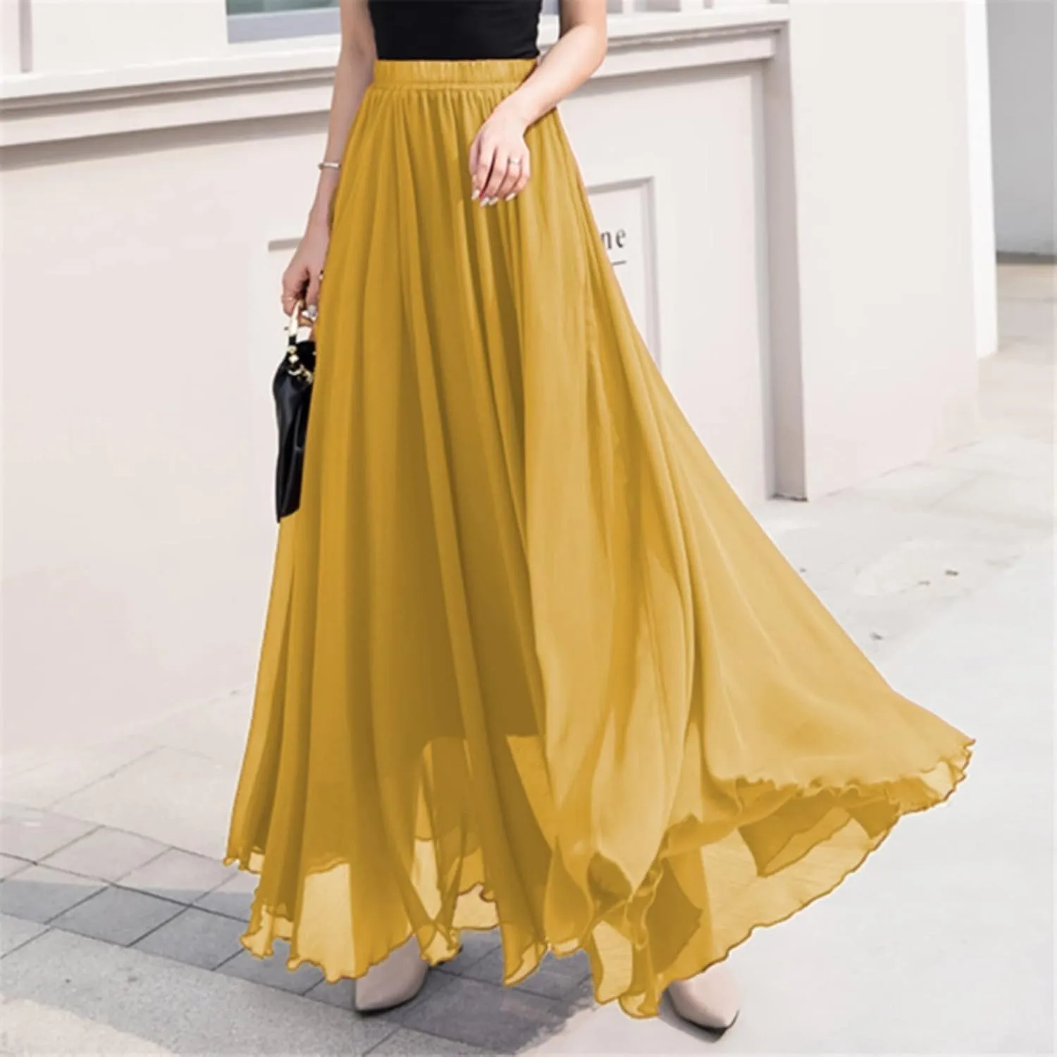 Maxi Skirt Summer Women's Solid Color Chiffon Skirt Women's High Waist Long Skirt Casual Flowy Maxi Skirt