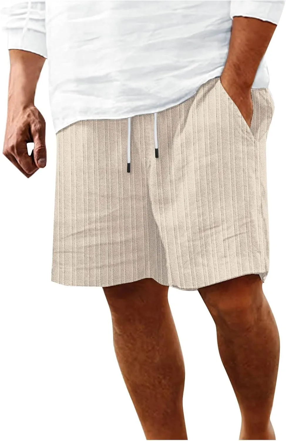 Men's Linen Cargo Shorts Summer Casual Elastic Waist Drawstring Beach Shorts with Pockets Lightweight