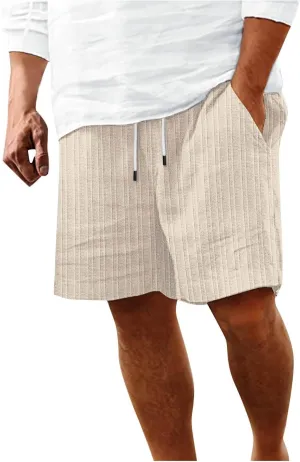 Men's Linen Cargo Shorts Summer Casual Elastic Waist Drawstring Beach Shorts with Pockets Lightweight