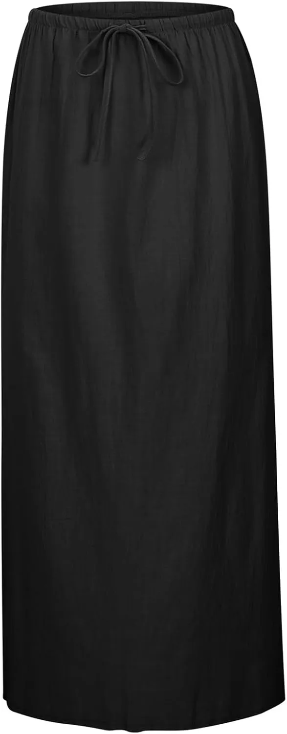 Summer Linen Maxi Skirts for Women Boho Beach Vacation Drawstring Low Waist A Line Skirt Flowy Long Cover Ups