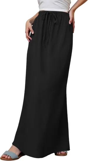 Summer Linen Maxi Skirts for Women Boho Beach Vacation Drawstring Low Waist A Line Skirt Flowy Long Cover Ups