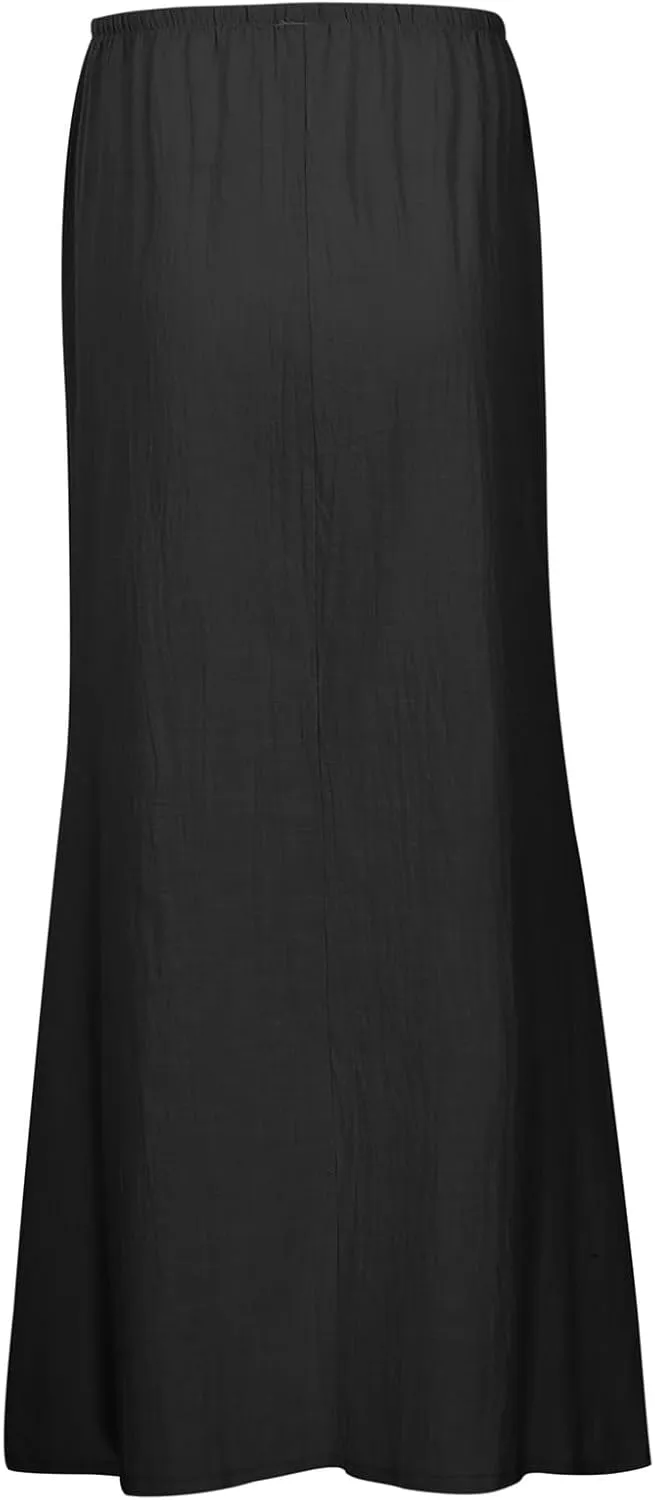 Summer Linen Maxi Skirts for Women Boho Beach Vacation Drawstring Low Waist A Line Skirt Flowy Long Cover Ups