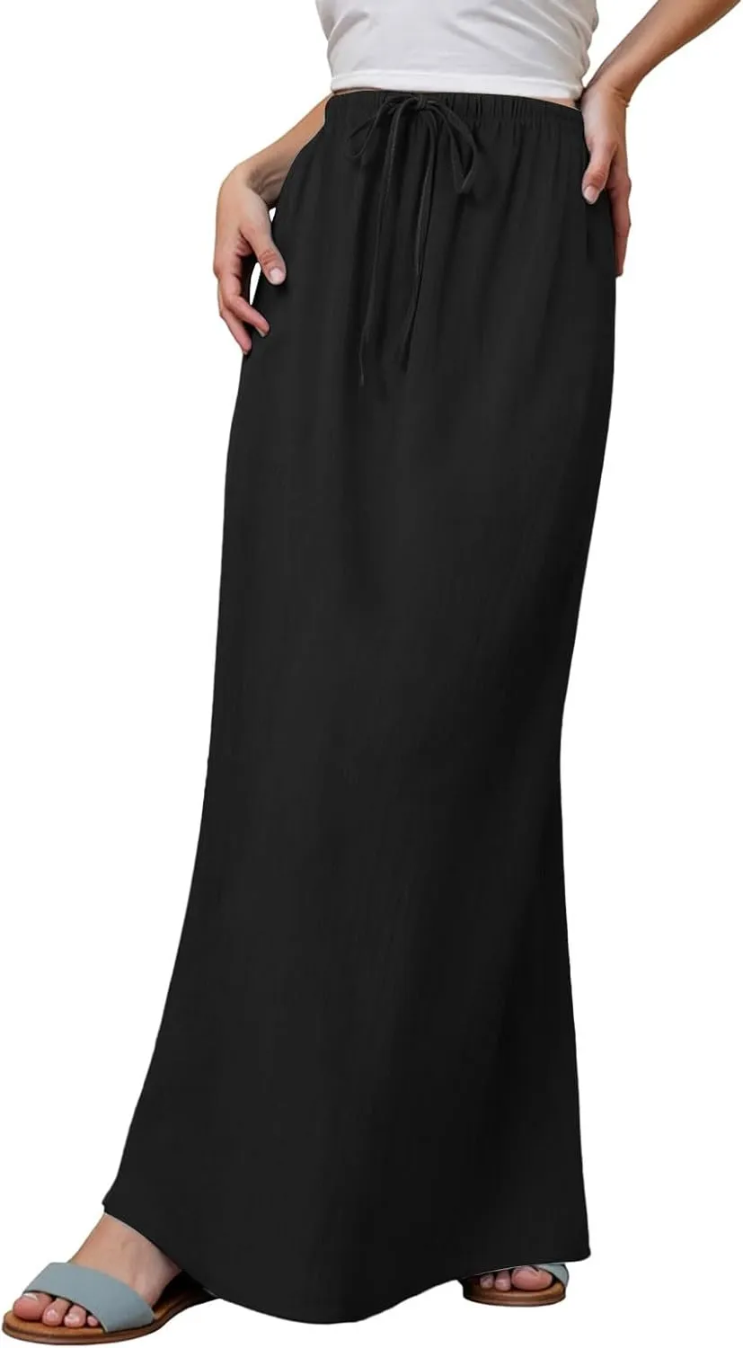 Summer Linen Maxi Skirts for Women Boho Beach Vacation Drawstring Low Waist A Line Skirt Flowy Long Cover Ups