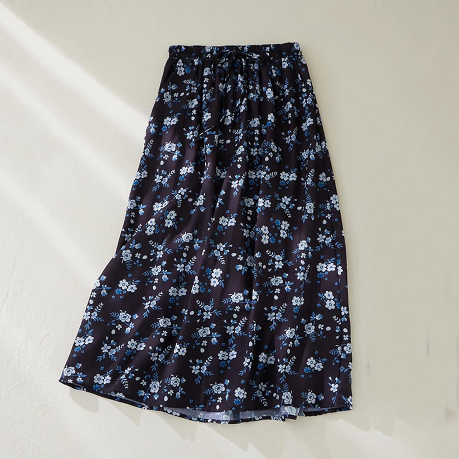 Vintage Floral Print Midi Skirt Women Drawstring Elastic Waist Flowy A-Line Skirts Casual Lightweight Beach Skirt