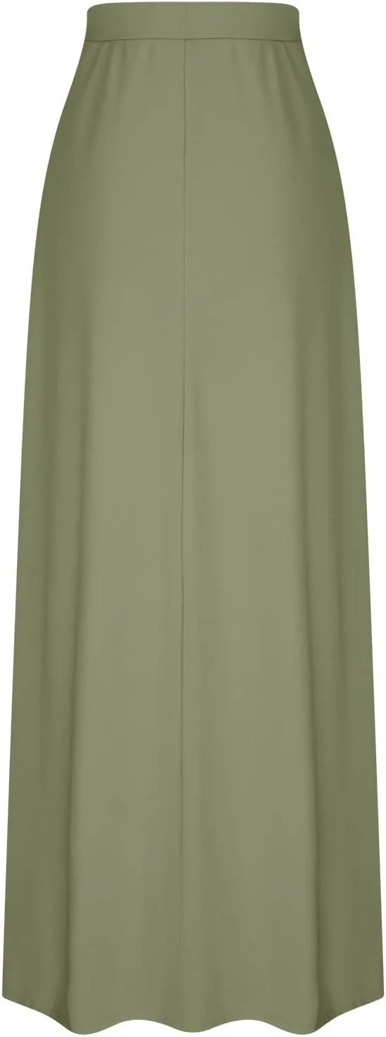 Women Elegant Maxi Skirts Drawstring Waist Casual Long Skirt with Pocket, Dressy Plain Midi Skirt Flowy Half Dress