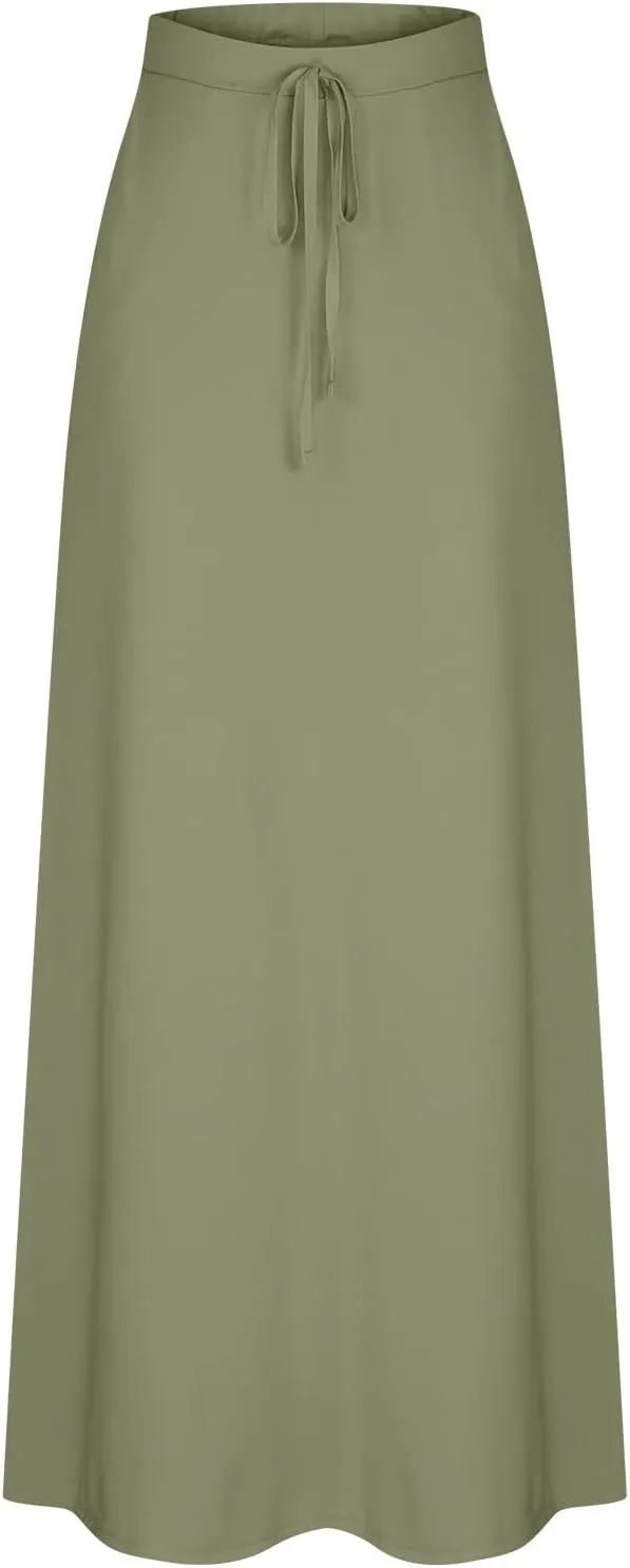 Women Elegant Maxi Skirts Drawstring Waist Casual Long Skirt with Pocket, Dressy Plain Midi Skirt Flowy Half Dress