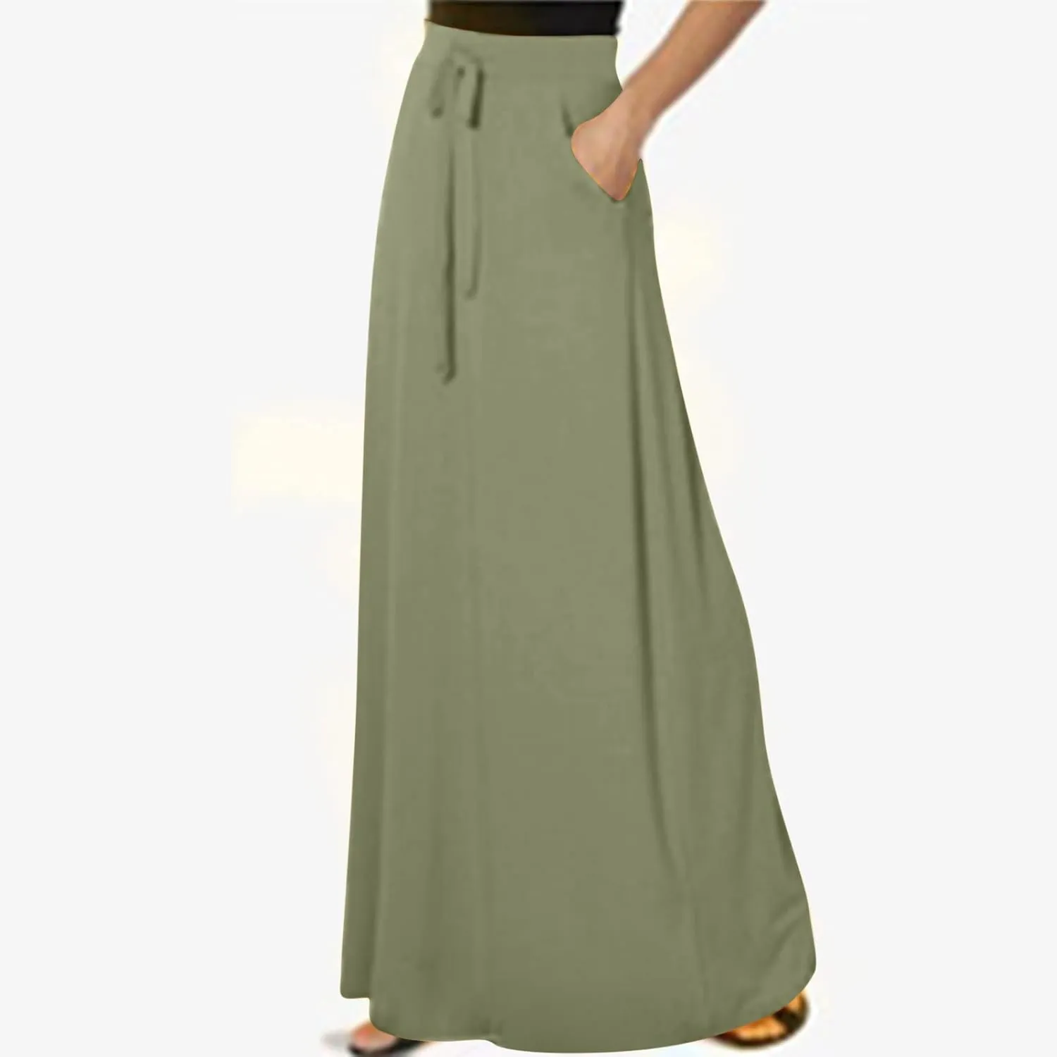 Women Elegant Maxi Skirts Drawstring Waist Casual Long Skirt with Pocket, Dressy Plain Midi Skirt Flowy Half Dress