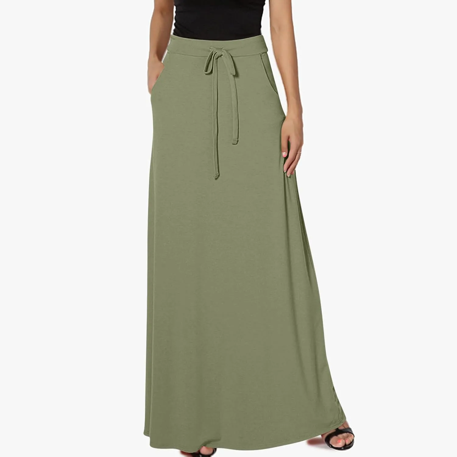 Women Elegant Maxi Skirts Drawstring Waist Casual Long Skirt with Pocket, Dressy Plain Midi Skirt Flowy Half Dress
