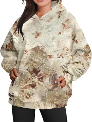 Womens Camo Hoodies Maple Leaf Print Hooded Camo Sweatshirt Oversized Long Sleeve Pullover Sweatshirts for Women