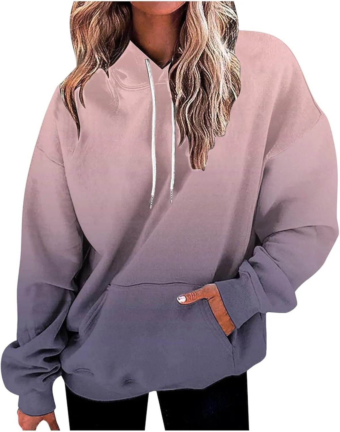 Women'S Fashion Hoodies & Sweatshirts Long Sleeve Drawstring Hooded Gradient Color Casual Oversized Fall Tops Clothes