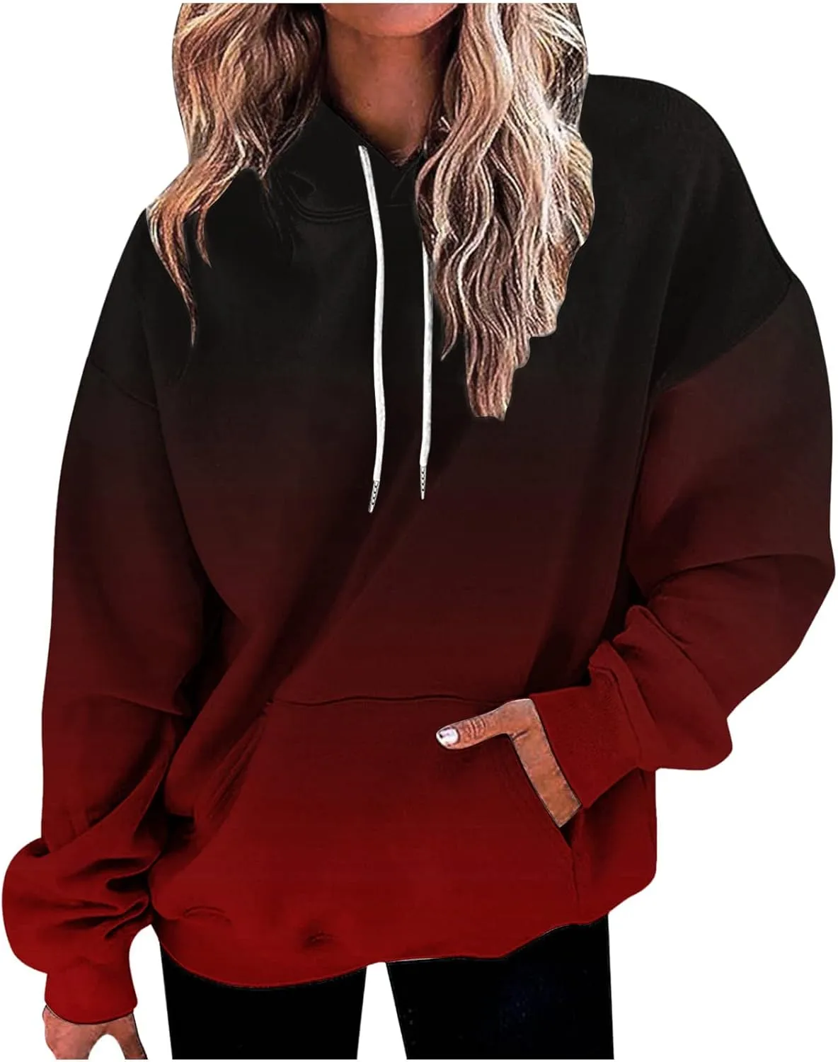Women'S Fashion Hoodies & Sweatshirts Long Sleeve Drawstring Hooded Gradient Color Casual Oversized Fall Tops Clothes