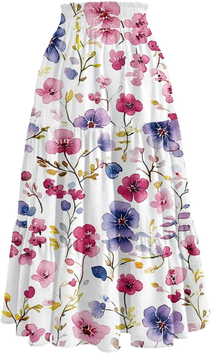 Women's Midi Boho Floral Tiered Skirts Trendy Drawstring High Elastic Waist A Line Skirt Comfy Flowy Skorts with Pockets