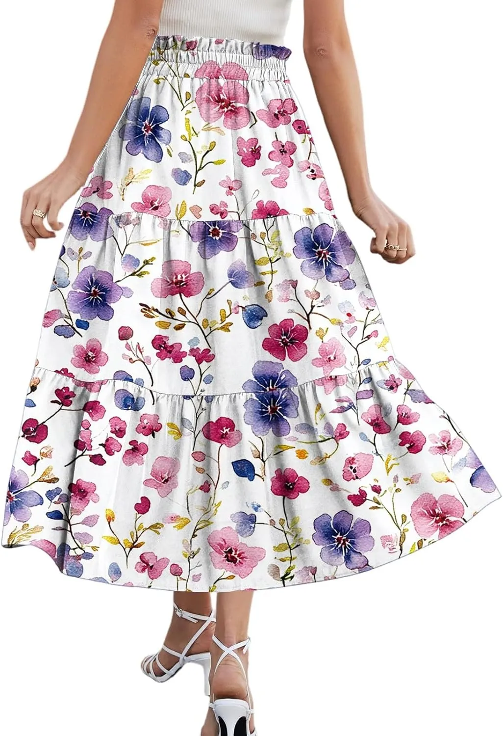 Women's Midi Boho Floral Tiered Skirts Trendy Drawstring High Elastic Waist A Line Skirt Comfy Flowy Skorts with Pockets
