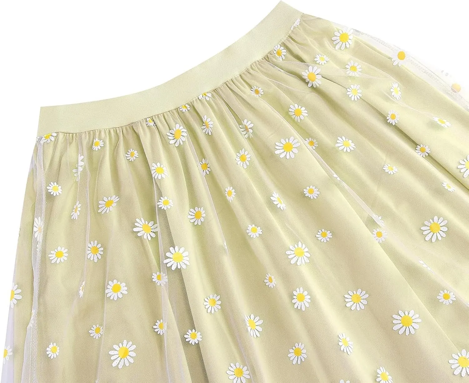 Womens Midi Tulle Skirt Daisy Embroidery Floral Layered Elastic High Waist Tutu Skirt Mesh A Line Fairy Skirts