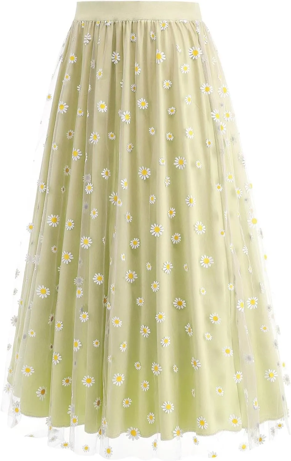 Womens Midi Tulle Skirt Daisy Embroidery Floral Layered Elastic High Waist Tutu Skirt Mesh A Line Fairy Skirts