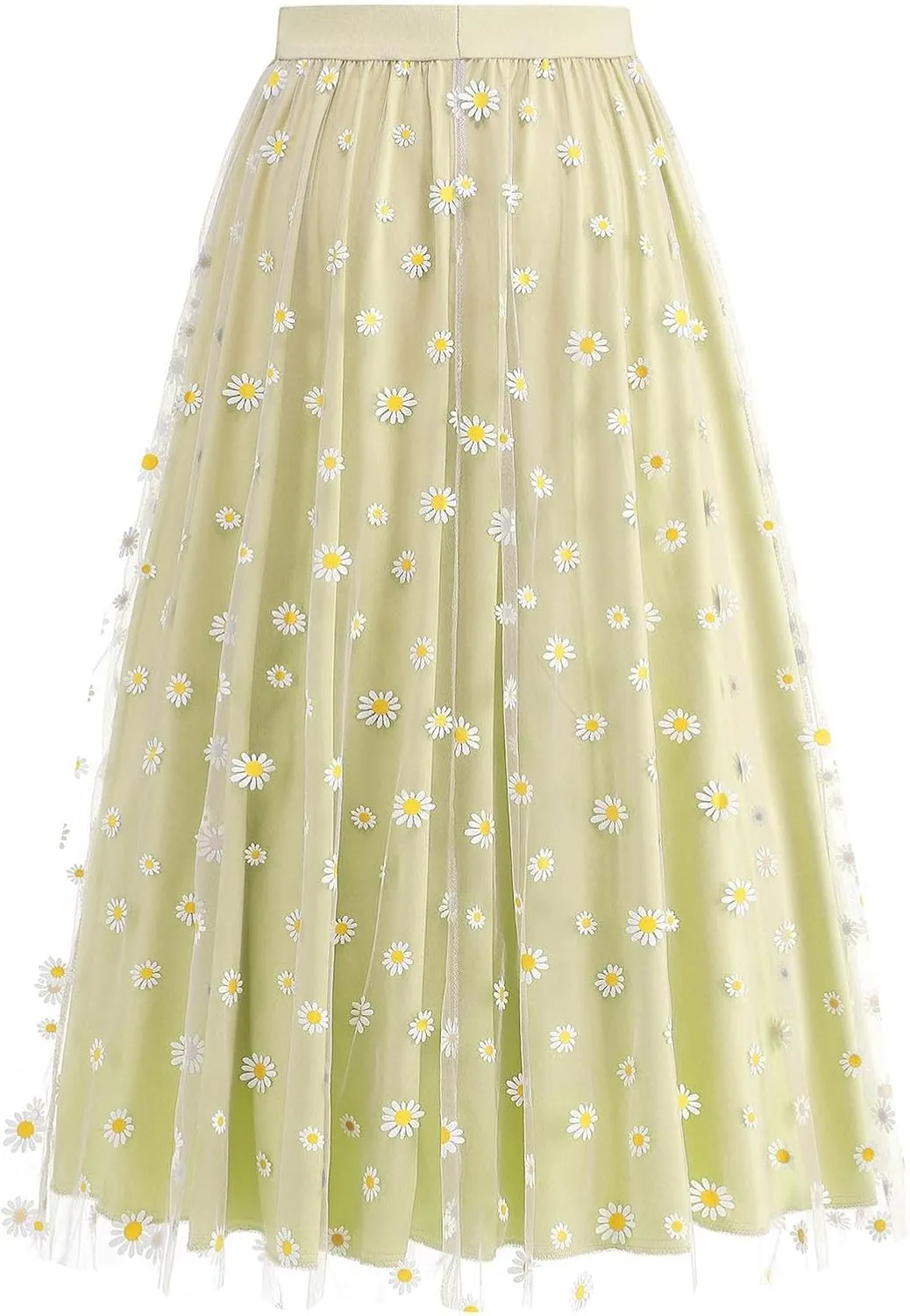 Womens Midi Tulle Skirt Daisy Embroidery Floral Layered Elastic High Waist Tutu Skirt Mesh A Line Fairy Skirts