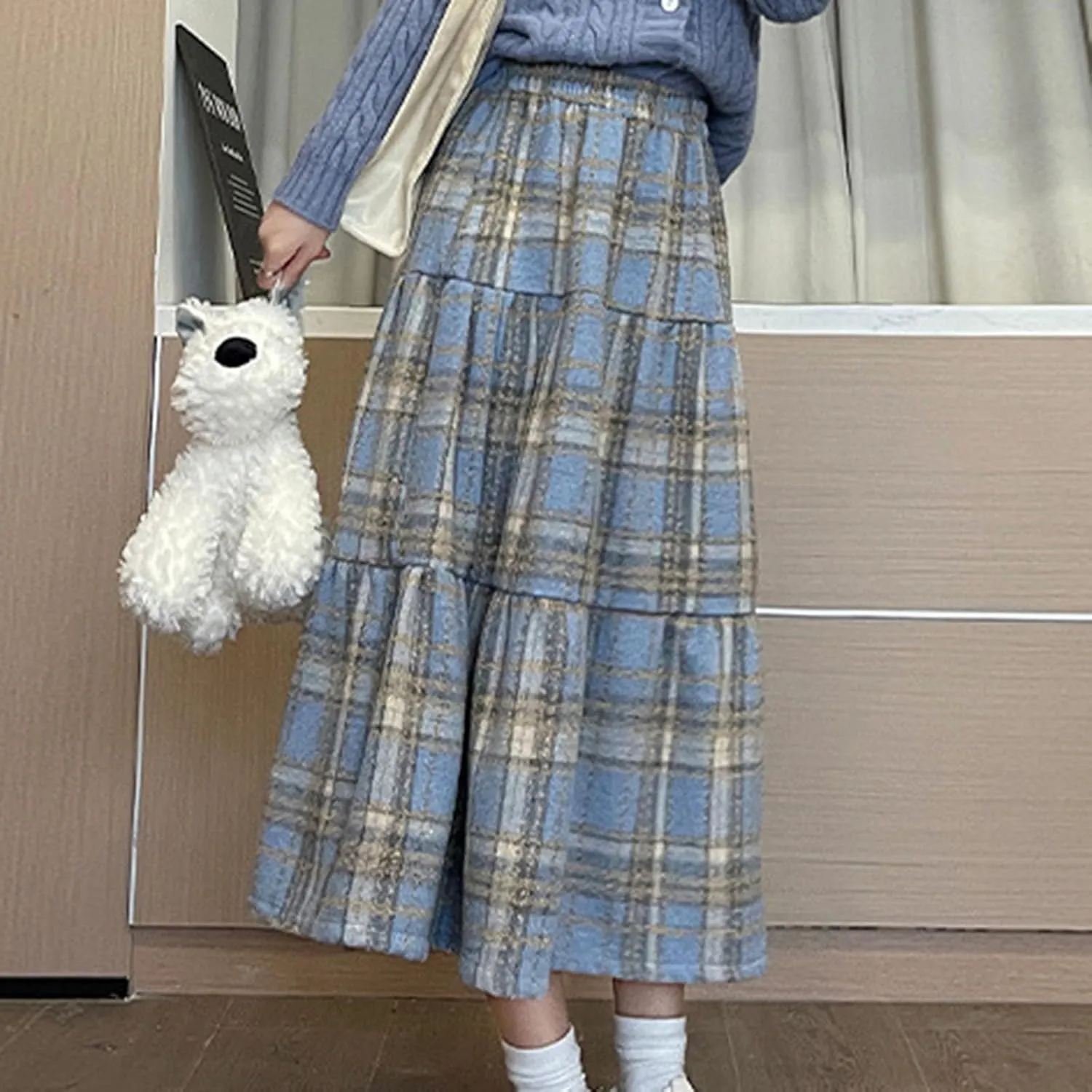 Womens Plaid Skirt Fall Winter Fashion Retro Elastic High Waisted Pleated Skirts Casual Fashion A Line Swing Skirts