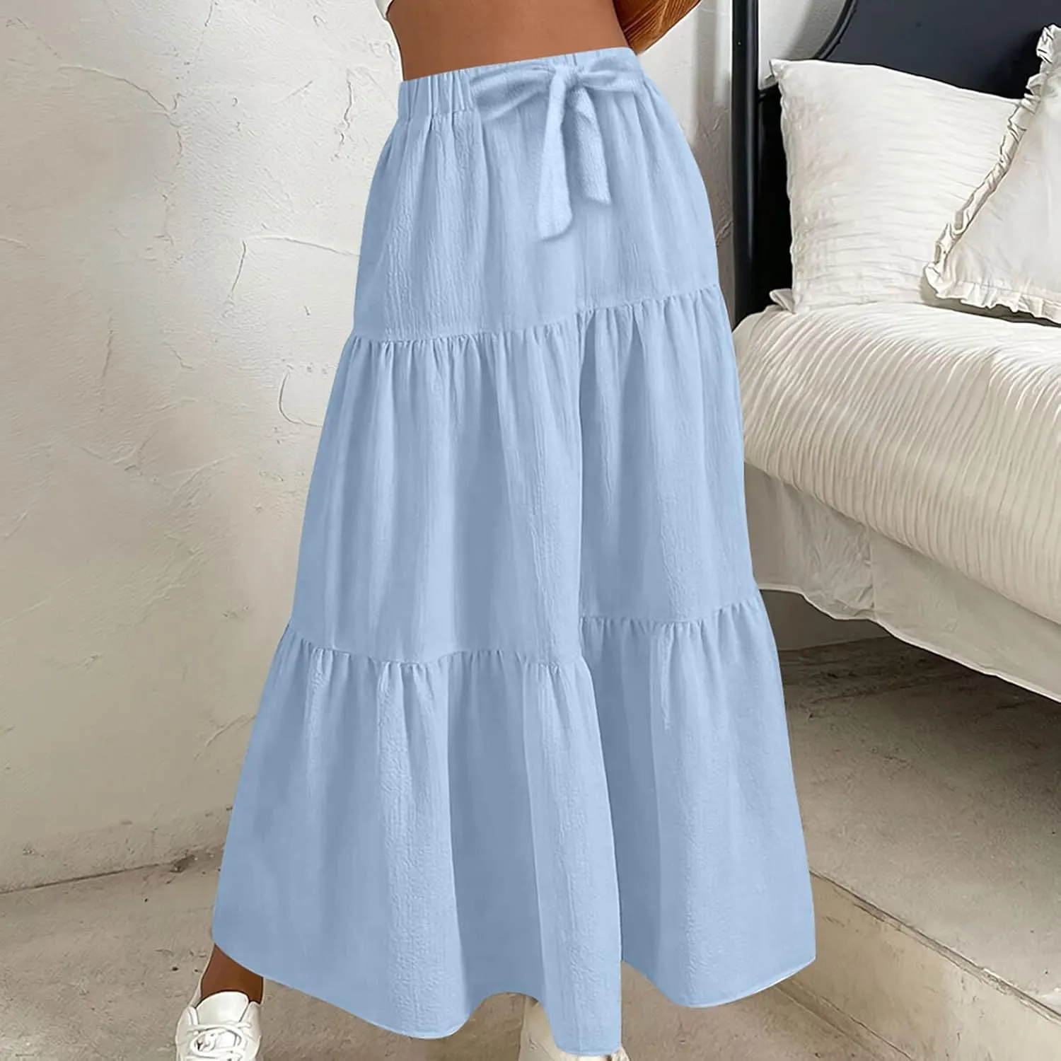 Womens Ruffle Maxi Skirts High Waist Elastic Layered Pleated Long Skirt Summer Casual Flowy Skirts with Drawstring