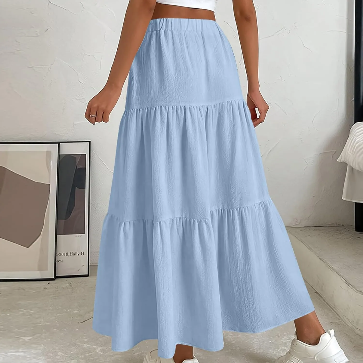 Womens Ruffle Maxi Skirts High Waist Elastic Layered Pleated Long Skirt Summer Casual Flowy Skirts with Drawstring