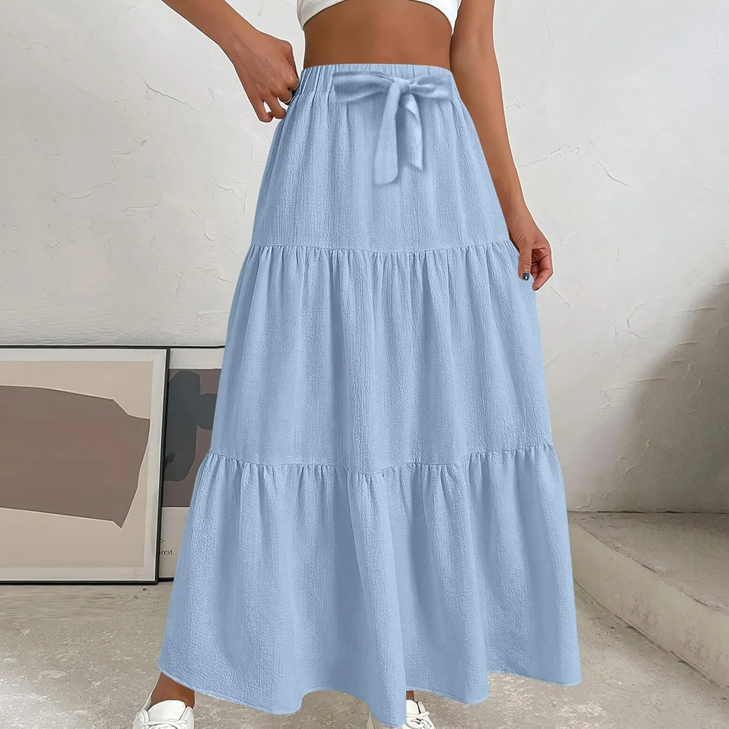 Womens Ruffle Maxi Skirts High Waist Elastic Layered Pleated Long Skirt Summer Casual Flowy Skirts with Drawstring
