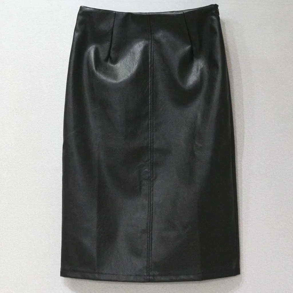 Women's Zip Up PU Leather Pencil Skirt Plus Size Dressy High Waist Zipper Midi Skirts Split Hem Bodycon Work Skirts