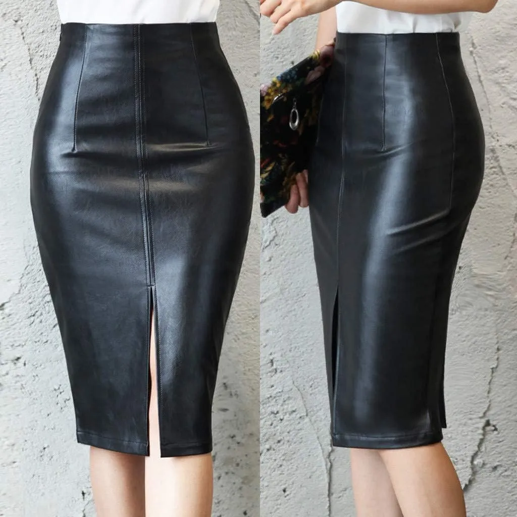 Women's Zip Up PU Leather Pencil Skirt Plus Size Dressy High Waist Zipper Midi Skirts Split Hem Bodycon Work Skirts