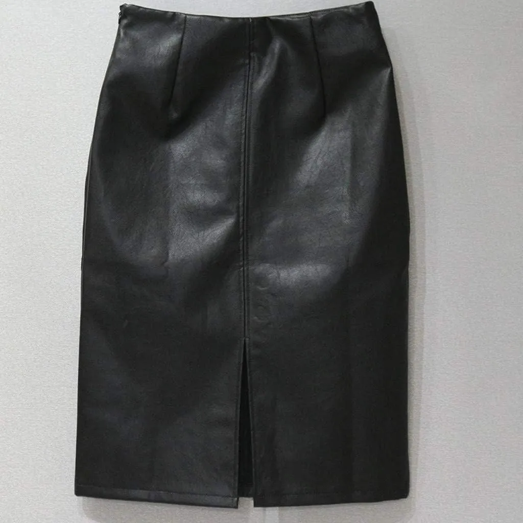 Women's Zip Up PU Leather Pencil Skirt Plus Size Dressy High Waist Zipper Midi Skirts Split Hem Bodycon Work Skirts